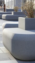 Poster - Sleek concrete benches and integrated planters defining minimalist urban seating, transforming contemporary public landscape with clean architectural lines