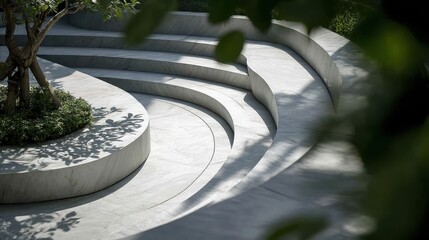 Poster - Pristine white marble steps leading through verdant landscape, softly illuminating minimalist outdoor environment with natural lighting