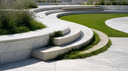 Poster - White marble steps curving gracefully, leading toward lush green grass in minimalist urban park setting, providing serene landscape design with clean architectural lines