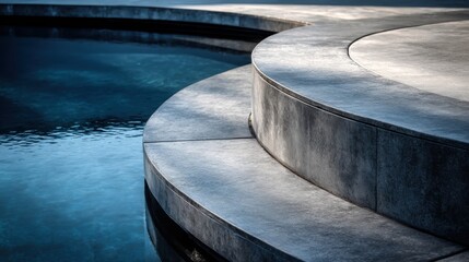 Poster - Bright sunlight illuminating curved concrete steps descending into serene blue water, offering peaceful poolside relaxation and architectural elegance