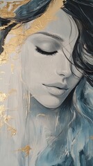 Poster - Elegant portrait of a woman with delicate features and gold accents against a serene backdrop of soft colors Generative AI