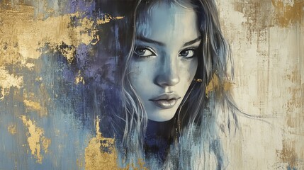 Poster - Portrait of a woman with expressive eyes and flowing hair against a textured gold and blue background Generative AI