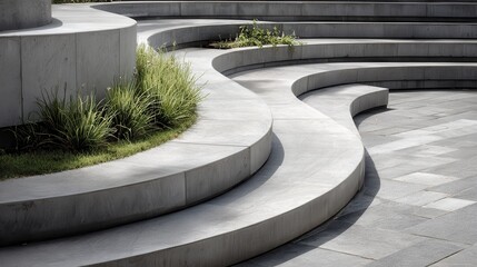 Poster - Concrete steps curving through paved surface, green grass peeking between, forming minimalist urban walkway design