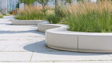 Poster - Curved concrete benches encircling verdant ornamental grass forming serene seating area within modern urban park landscape design
