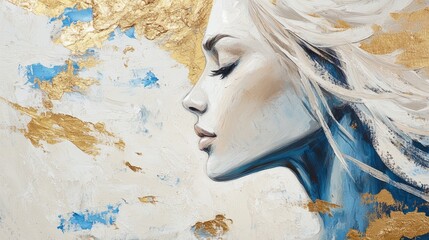 Poster - Elegant portrait of a woman with flowing hair, adorned with gold accents, showcasing beauty and serenity in a modern artistic style Generative AI