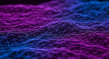 Leinwandbilder - Abstract digital network with interconnected lines and nodes, illuminated with vibrant blue and purple gradient lighting on a dark background.