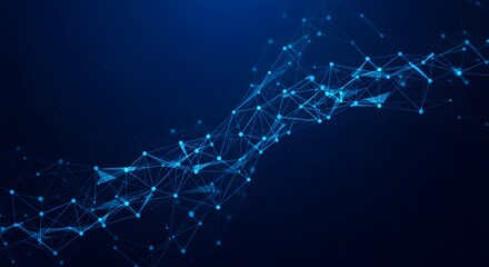 Fototapete - Abstract network of interconnected nodes and lines forming a complex, flowing structure against a dark blue gradient background.