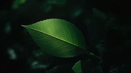 Poster - Sunlit close-up of lush green leaf with empty area for text, suitable for botanical and nature-inspired wallpaper concepts.