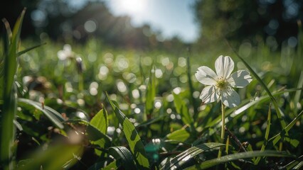 Poster - Intimate view of a flower in a lush green setting under sunlight, featuring a soft background and ample space for text, great for nature and ecology layouts.