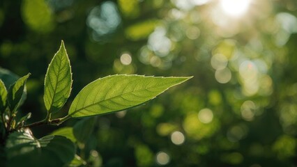 Poster - Detailed image of a lush green leaf set against a blurred verdant background illuminated by sunlight, perfect for environmental and seasonal backgrounds.