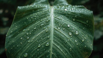 Poster - Detailed view of a banana leaf with raindrops