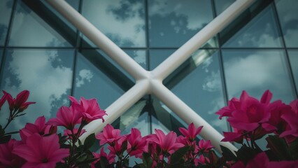 Poster - Focused view on a building's glass surface featuring an X-structure accompanied by vivid pink floral elements.