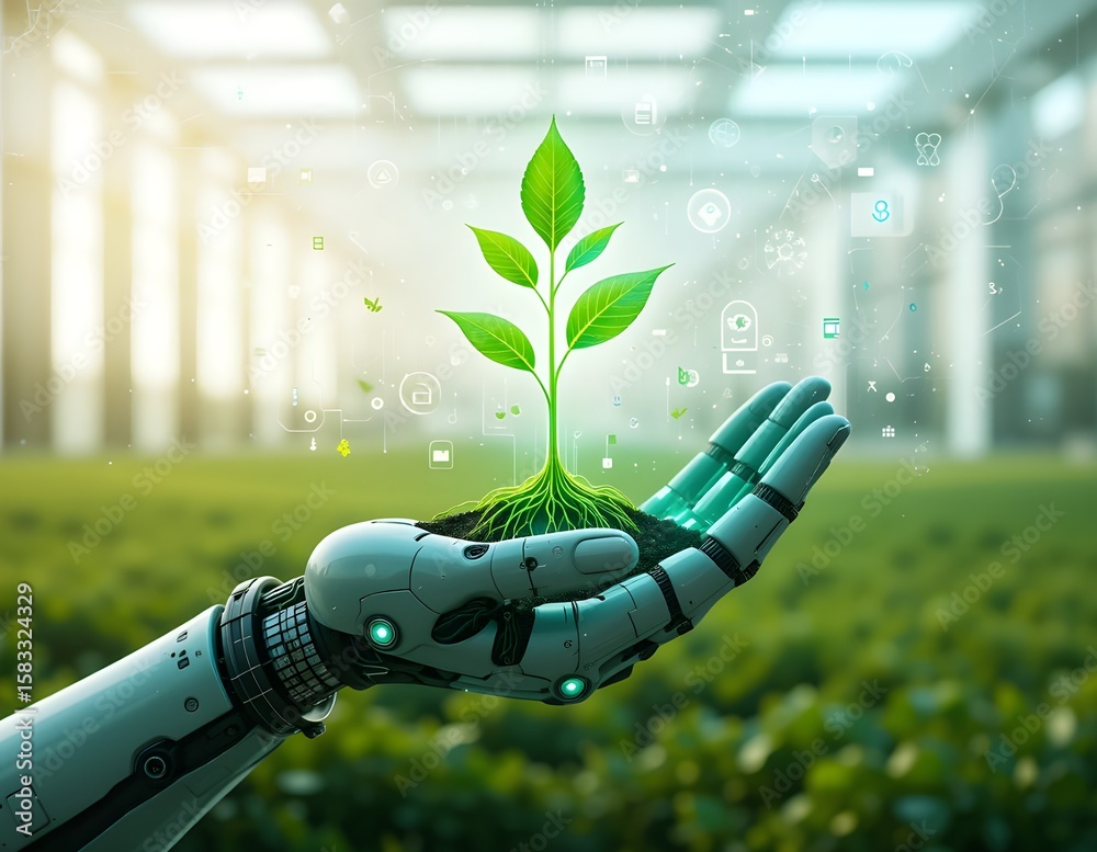 Sustainable AI Farming Technology: Robot Hand Nurturing Plant for Agri ...