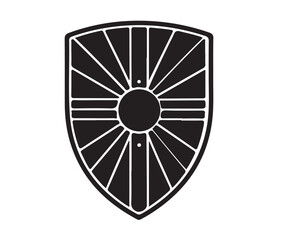 Aufkleber - A black and white shield design featuring a central circle with radiating lines and horizontal bars