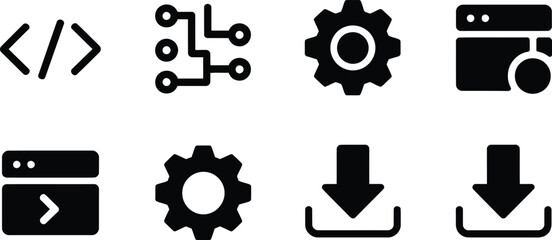 Black and white technology icons code circuit gear download web browser symbols
