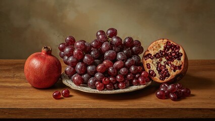 Poster - An arrangement of grapes and a pomegranate on a serving dish.