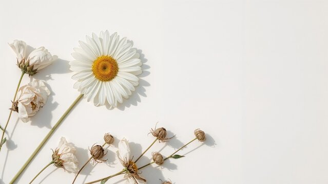 Fresh and dried flowers arranged flat on a white backdrop with empty space for writing