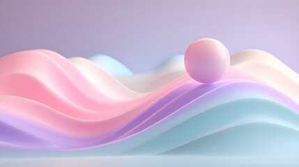 Fototapete - Pink sphere balancing on pastel colored abstract waves