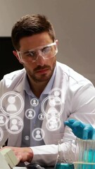 Poster - Working with computer and test tubes, scientists in lab coats analyzing data animation