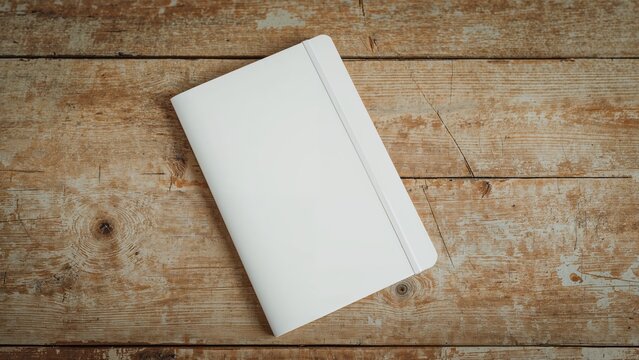 White notebook lying on vintage wooden table