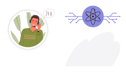 Poster - Customer service representative with headset, speech bubble, and atom with circuit lines. Ideal for communication, support, technology, innovation, connectivity science and problem-solving. A