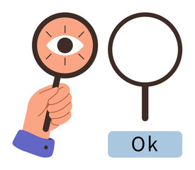 Poster - Hand grips magnifying glass showing eye detail, alongside an empty magnifying glass with OK text beneath. Ideal for vision, observation, clarity, inspection, approval, feedback exploration. Simple