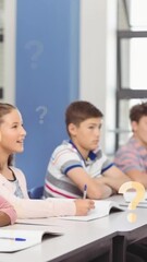 Poster - Animation of question marks over male student using tablet with diverse classmates in classroom