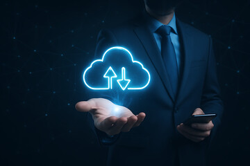 Poster - Futuristic cloud computing concept showing businessman holding glowing digital upload and download cloud symbol above hand representing modern data storage and technology service