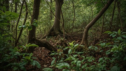 Poster - Splintered timber within dense green forest
