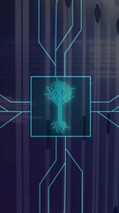Poster - Digital circuit lines and neural network animation over server room background