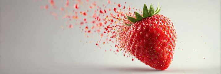Poster - Ultra-detailed 3D Strawberry in Motion Blur With Vibrant Colors and Empty Right Side Creating a Dynamic Visual Effect and Emphasizing Freshness