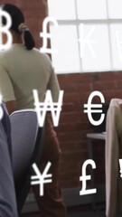 Poster - Currency symbols animation over diverse professionals working in modern office