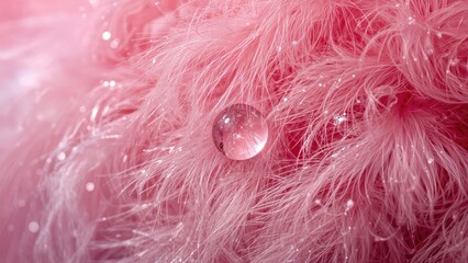 Poster - A detailed close-up of a pink feathered bird, sparkling accents, and a translucent dew droplet reflecting light. Artistic, light, and modern with a softly blurred background.