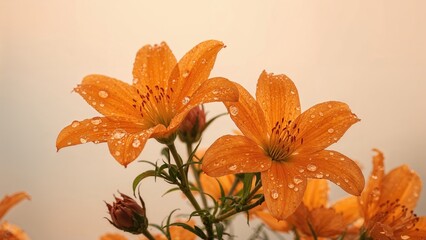 Wall Mural - Orange flowers glisten with morning dew