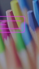Poster - Colorful pencils with chat icon animation over blurred school background