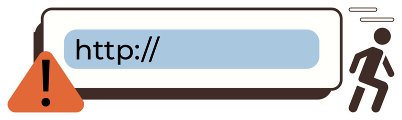 Poster - Exclamation warning sign near a URL bar and an escaping person. Ideal for caution, online safety, cybersecurity, phishing danger, hacking, scam prevention, fraud awareness. Simple flat metaphor
