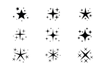 Wall Mural - black sparkle and star icon set minimalist decorative elements in various shapes for highlights ui a