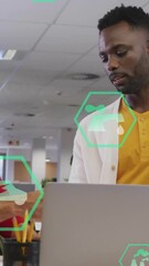 Poster - Discussing environmental data, two men in office with green animation overlay