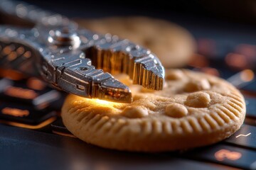 A metallic wrench is gripping a round tan cookie on a dark keyboard Another cookie is blurred in the background