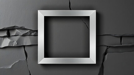 Poster - A silver square frame is set against a cracked gray wall, creating a textured background