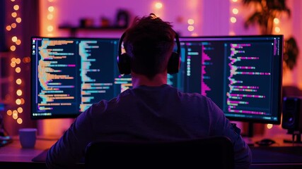 Aufkleber - A man is sitting in front of two computer monitors, wearing headphones and typing on a keyboard. The room is dimly lit, and the man is focused on his work. Concept of concentration and productivity