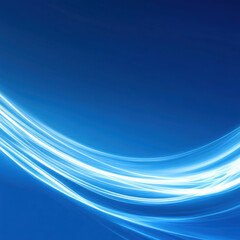 Poster - Blue background with white glowing curved lines forming abstract waves. Dynamic energy flow and movement concept. Tech data stream.