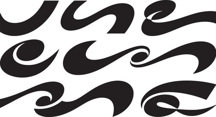 Poster - Collection of nine elegant black abstract wavy shapes and curves isolated on transparent background