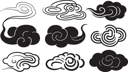Poster - Collection of nine stylized black and white traditional asian clouds isolated on transparent background