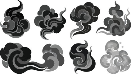 Poster - Collection of stylized black and grey smoke and cloud elements in a japanese art style isolated on transparent background