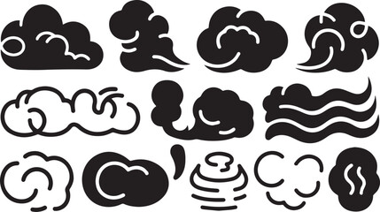 Poster - Collection of stylized black cloud shapes and smoke elements isolated on transparent background for design