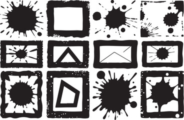 Poster - Collection of twelve black ink splatters and grunge frames with abstract shapes isolated on transparent background