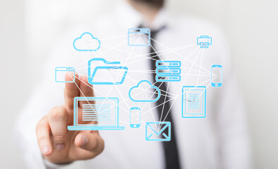 Poster - Person interacting with digital network icons, illustrating cloud storage, data sharing, and seamless connectivity.