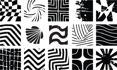 Poster - Collection of fifteen unique black and white abstract geometric patterns and textures isolated on transparent background
