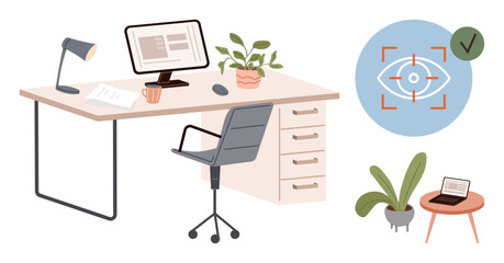 Poster - Organized desk with monitor, lamp, chair, plants, and documents. Eye tracking icon highlights focus and efficiency. Nearby, a laptop on a table. Ideal for focus productivity workplace setup